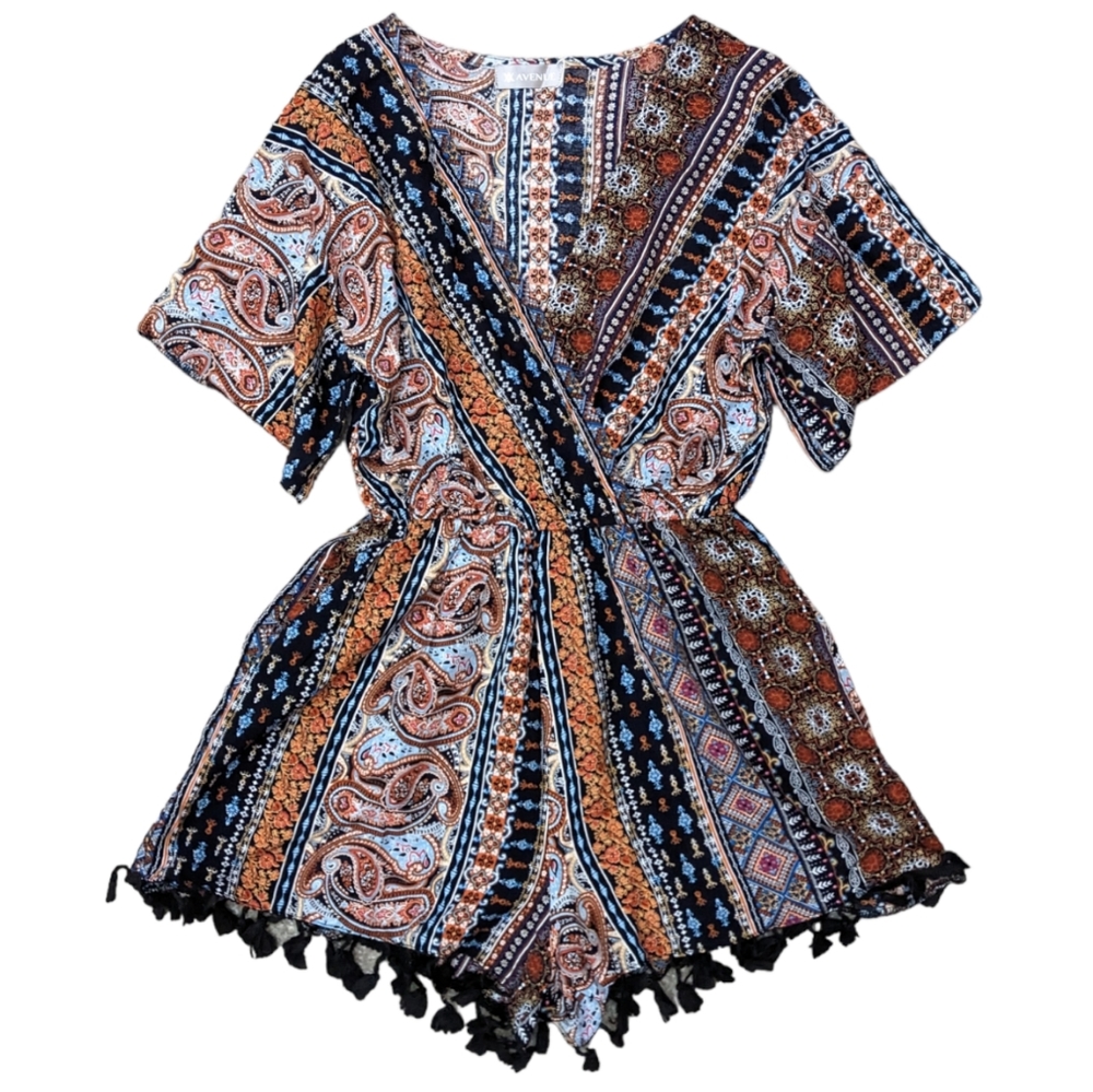 Boho tassel romper v neck short sleeve - Picture 1 of 13